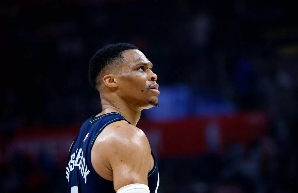 LOS ANGELES, CALIFORNIA - MARCH 1: Russell Westbrook #0 of the Los Angeles Clippers looks on during the first half against the Washington Wizards at Crypto.com Arena on March 1, 2024 in Los Angeles, California.