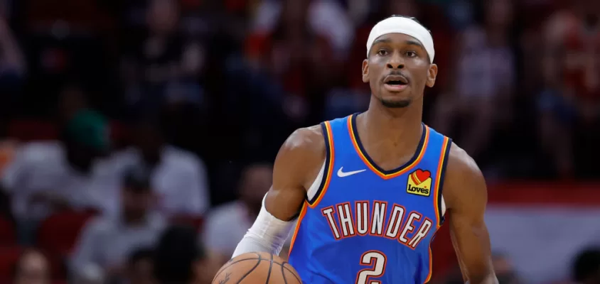 HOUSTON, TEXAS - FEBRUARY 25: Shai Gilgeous-Alexander #2 of the Oklahoma City Thunder controls the ball against the Houston Rockets during the first half at Toyota Center on February 25, 2024 in Houston, Texas.