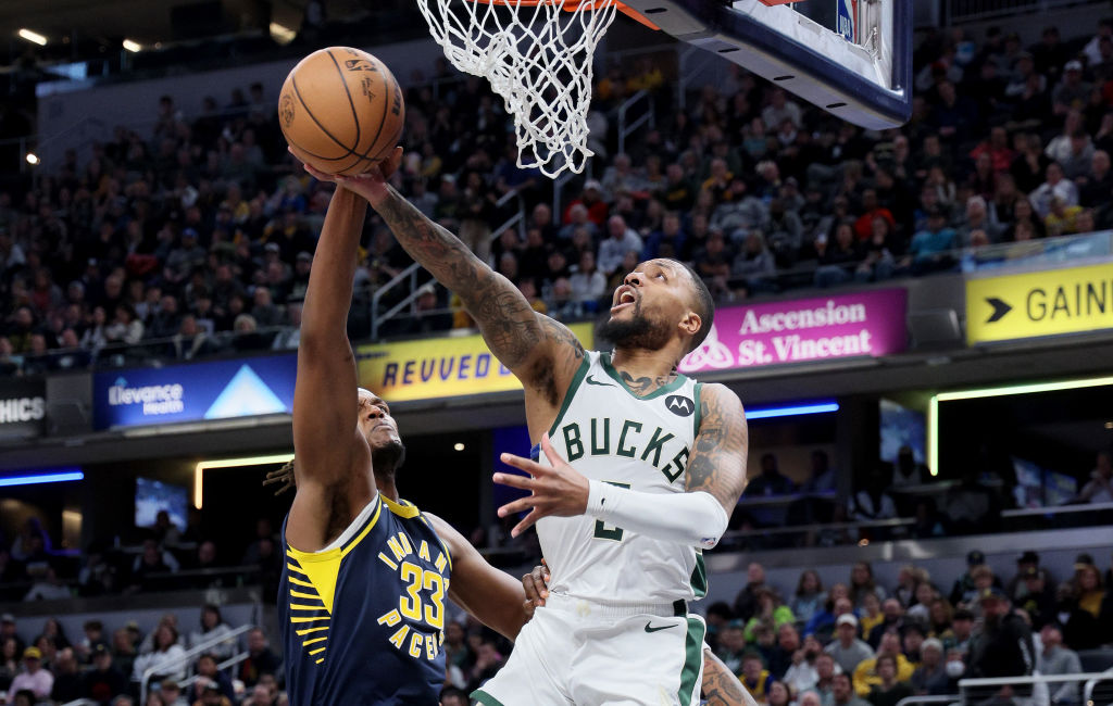 INDIANAPOLIS, INDIANA - JANUARY 03: Damian Lillard #0 of the Milwaukee Bucks shoots the ball against the Indiana Pacers at Gainbridge Fieldhouse on January 03, 2024 in Indianapolis, Indiana.