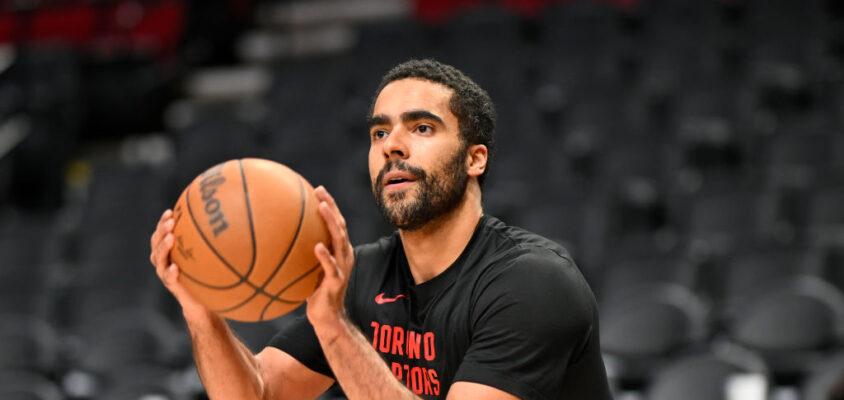 PORTLAND, OREGON - MARCH 09: Jontay Porter #34 of the Toronto Raptors warms up before the game against the Portland Trail Blazers at the Moda Center on March 09, 2024 in Portland, Oregon.