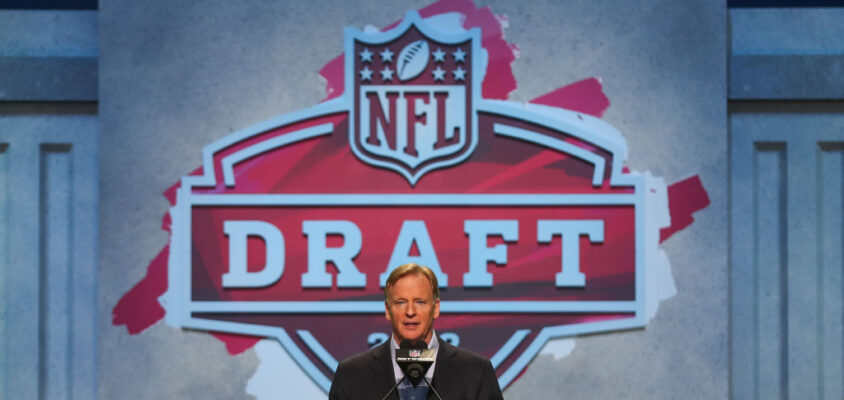 KANSAS CITY, MO - APRIL 27: Commissioner Roger Goodell announces a pick from the podium in the first round of the NFL Draft on April 27, 2023 at Union Station in Kansas City, MO