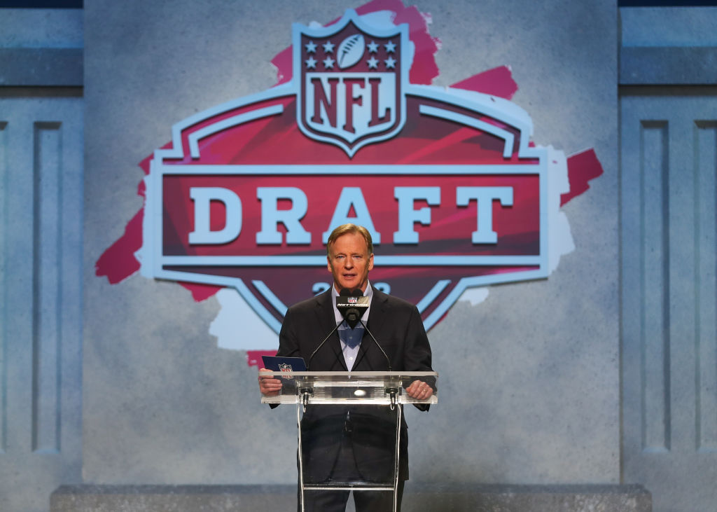 KANSAS CITY, MO - APRIL 27: Commissioner Roger Goodell announces a pick from the podium in the first round of the NFL Draft on April 27, 2023 at Union Station in Kansas City, MO