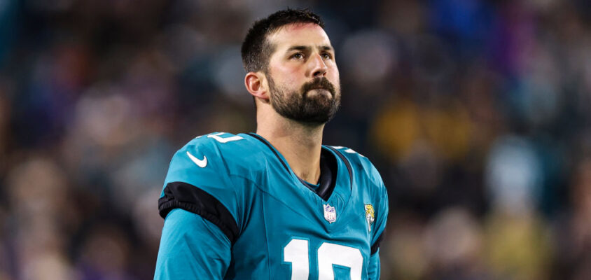 JACKSONVILLE, FL - DECEMBER 17: Brandon McManus #10 of the Jacksonville Jaguars looks on from the field during an NFL football game against the Baltimore Ravens at EverBank Stadium on December 17, 2023 in Jacksonville, Florida.