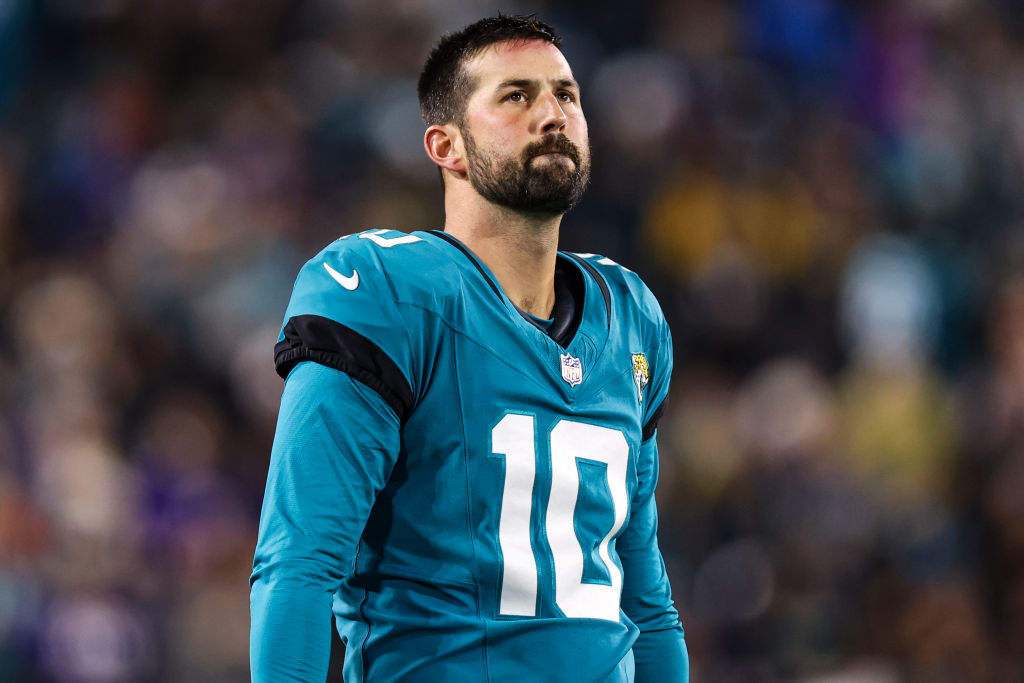 JACKSONVILLE, FL - DECEMBER 17: Brandon McManus #10 of the Jacksonville Jaguars looks on from the field during an NFL football game against the Baltimore Ravens at EverBank Stadium on December 17, 2023 in Jacksonville, Florida.