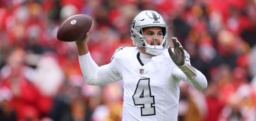 KANSAS CITY, MISSOURI - DECEMBER 25: Aidan O'Connell #4 of the Las Vegas Raiders throws a pass during the first quarter against the Kansas City Chiefs at GEHA Field at Arrowhead Stadium on December 25, 2023 in Kansas City, Missouri.