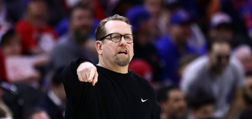 PHILADELPHIA, PENNSYLVANIA - APRIL 28: Head coach Nick Nurse of the Philadelphia 76ers reacts during the fourth quarter against the New York Knicks during game four of the Eastern Conference First Round Playoffs at the Wells Fargo Center on April 28, 2024 in Philadelphia, Pennsylvania.