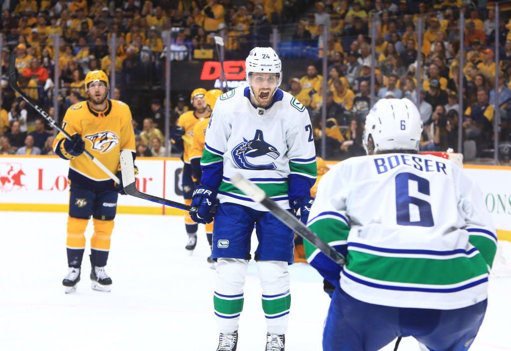 NASHVILLE, TN - MAY 03: Vancouver Canucks center Pius Suter (24) celebrates his game winning goal during Game Six of the First Round of the Stanley Cup Playoffs between the Nashville Predators and Vancouver Canucks, held on May 3, 2024, at Bridgestone Arena in Nashville, Tennessee.