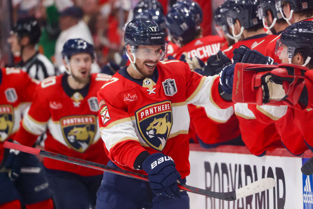 SUNRISE, FLORIDA - JUNE 10: Evan Rodrigues #17 of the Florida Panthers celebrates after scoring his second goal against the Edmonton Oilers during the third period in Game Two of the 2024 Stanley Cup Final at Amerant Bank Arena on June 10, 2024 in Sunrise, Florida