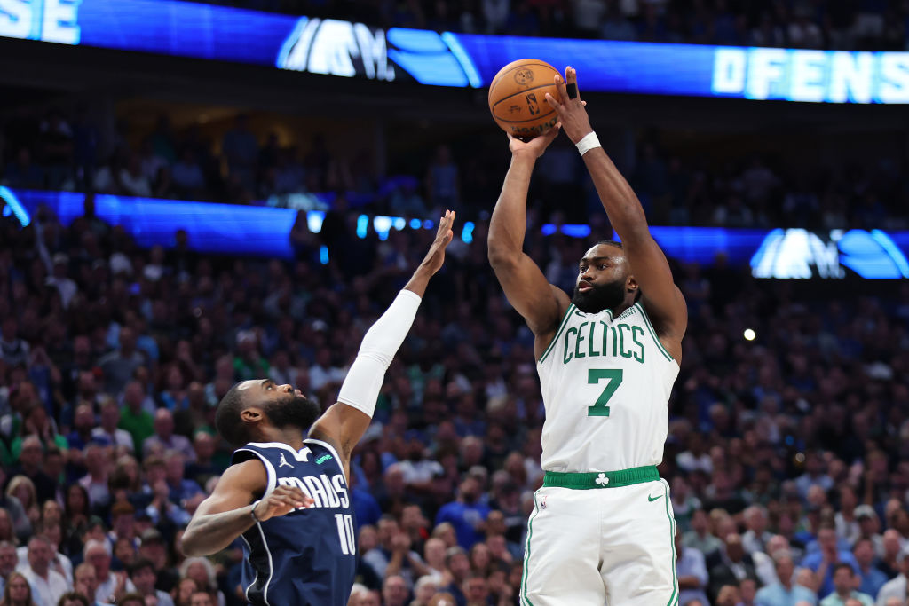 DALLAS, TEXAS - JUNE 12: Jaylen Brown #7 of the Boston Celtics attempts a shot while being guarded by Tim Hardaway Jr. #10 of the Dallas Mavericks in the fourth quarter in Game Three of the 2024 NBA Finals at American Airlines Center on June 12, 2024 in Dallas, Texas.