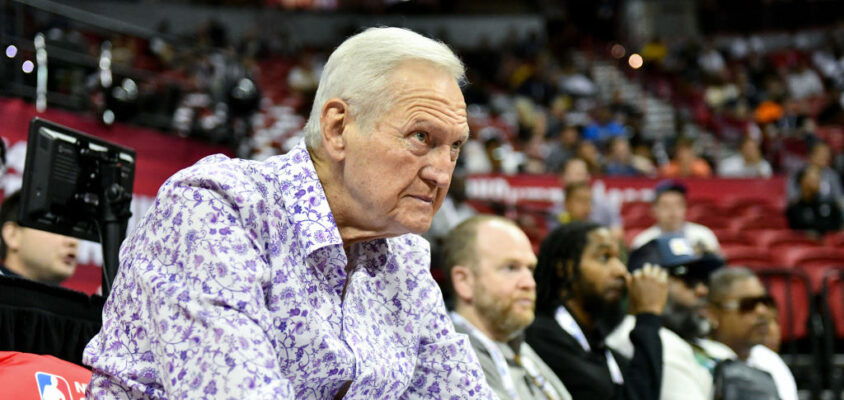 LAS VEGAS, NEVADA - JULY 11: Jerry West attends a basketball game between the Charlotte Hornets and the Portland Trail Blazersat the Thomas & Mack Center on July 11, 2023 in Las Vegas, Nevada. NOTE TO USER: User expressly acknowledges and agrees that, by downloading and or using this photograph, User is consenting to the terms and conditions of the Getty Images License Agreement.