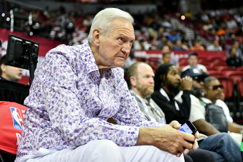 LAS VEGAS, NEVADA - JULY 11: Jerry West attends a basketball game between the Charlotte Hornets and the Portland Trail Blazersat the Thomas & Mack Center on July 11, 2023 in Las Vegas, Nevada. NOTE TO USER: User expressly acknowledges and agrees that, by downloading and or using this photograph, User is consenting to the terms and conditions of the Getty Images License Agreement.