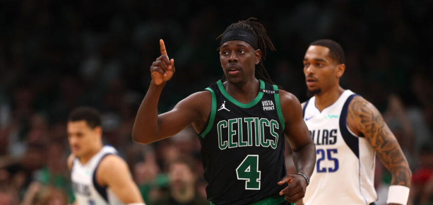 BOSTON, MASSACHUSETTS - JUNE 09: Jrue Holiday #4 of the Boston Celtics reacts during the third quarter against the Dallas Mavericks in Game Two of the 2024 NBA Finals at TD Garden on June 09, 2024 in Boston, Massachusetts.