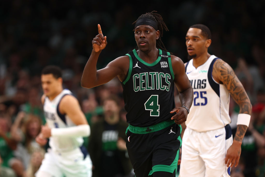 BOSTON, MASSACHUSETTS - JUNE 09: Jrue Holiday #4 of the Boston Celtics reacts during the third quarter against the Dallas Mavericks in Game Two of the 2024 NBA Finals at TD Garden on June 09, 2024 in Boston, Massachusetts.