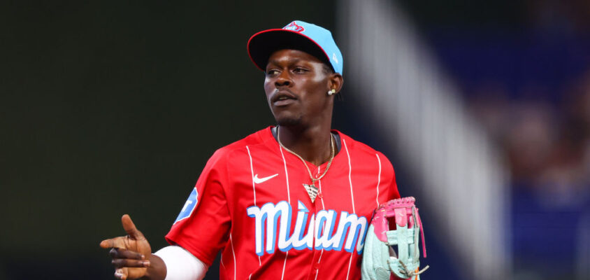 MIAMI, FLORIDA - JULY 20: Jazz Chisholm Jr. #2 of the Miami Marlins looks on against the New York Mets during the first inning of the game at loanDepot park on July 20, 2024 in Miami, Florida.