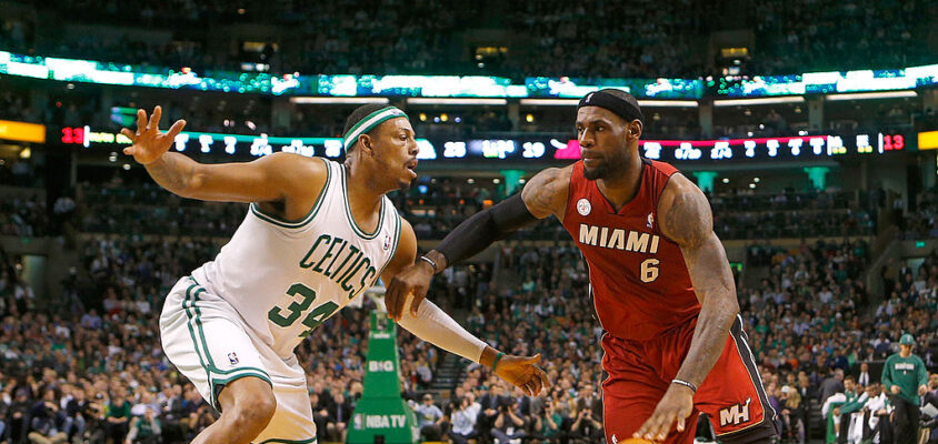 BOSTON, MA - MARCH 18: LeBron James #6 of the Miami Heat drives against Paul Pierce #34 of the Boston Celtics on March 18, 2013 at the TD Garden in Boston, Massachusetts