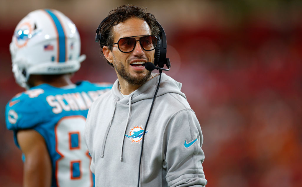 TAMPA, FLORIDA - AUGUST 23: Mike McDaniel head coach of the Miami Dolphins looks on during a preseason game against the Tampa Bay Buccaneers at Raymond James Stadium on August 23, 2024 in Tampa, Florida