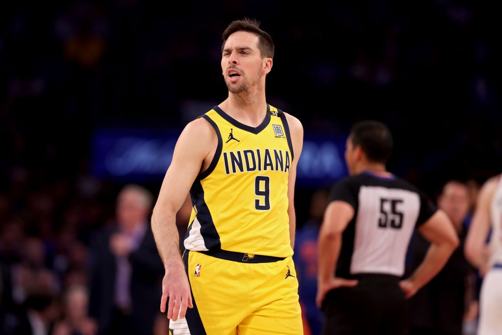 NEW YORK, NEW YORK - MAY 19: T.J. McConnell #9 of the Indiana Pacers reacts in the first quarter against the New York Knicks in Game Seven of the Eastern Conference Second Round Playoffs at Madison Square Garden on May 19, 2024 in New York City.