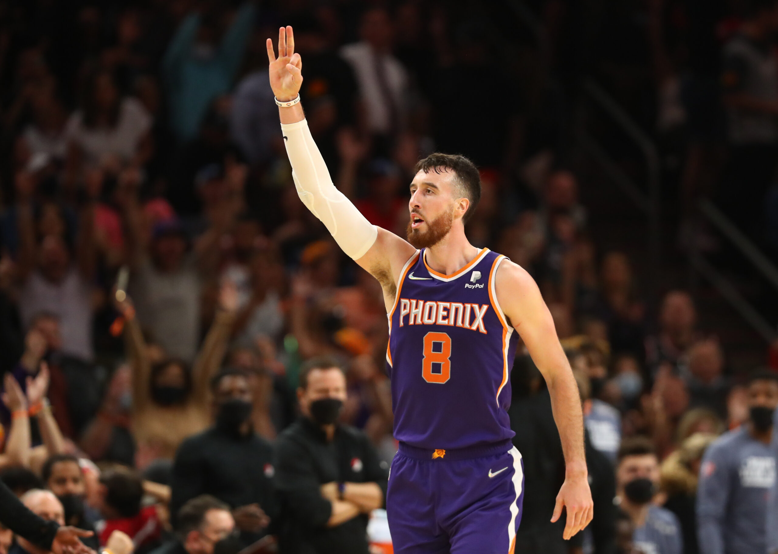 Nov 10, 2021; Phoenix, Arizona, USA; Phoenix Suns forward Frank Kaminsky (8) celebrates a shot against the Portland Trail Blazers in the second half at Footprint Center.