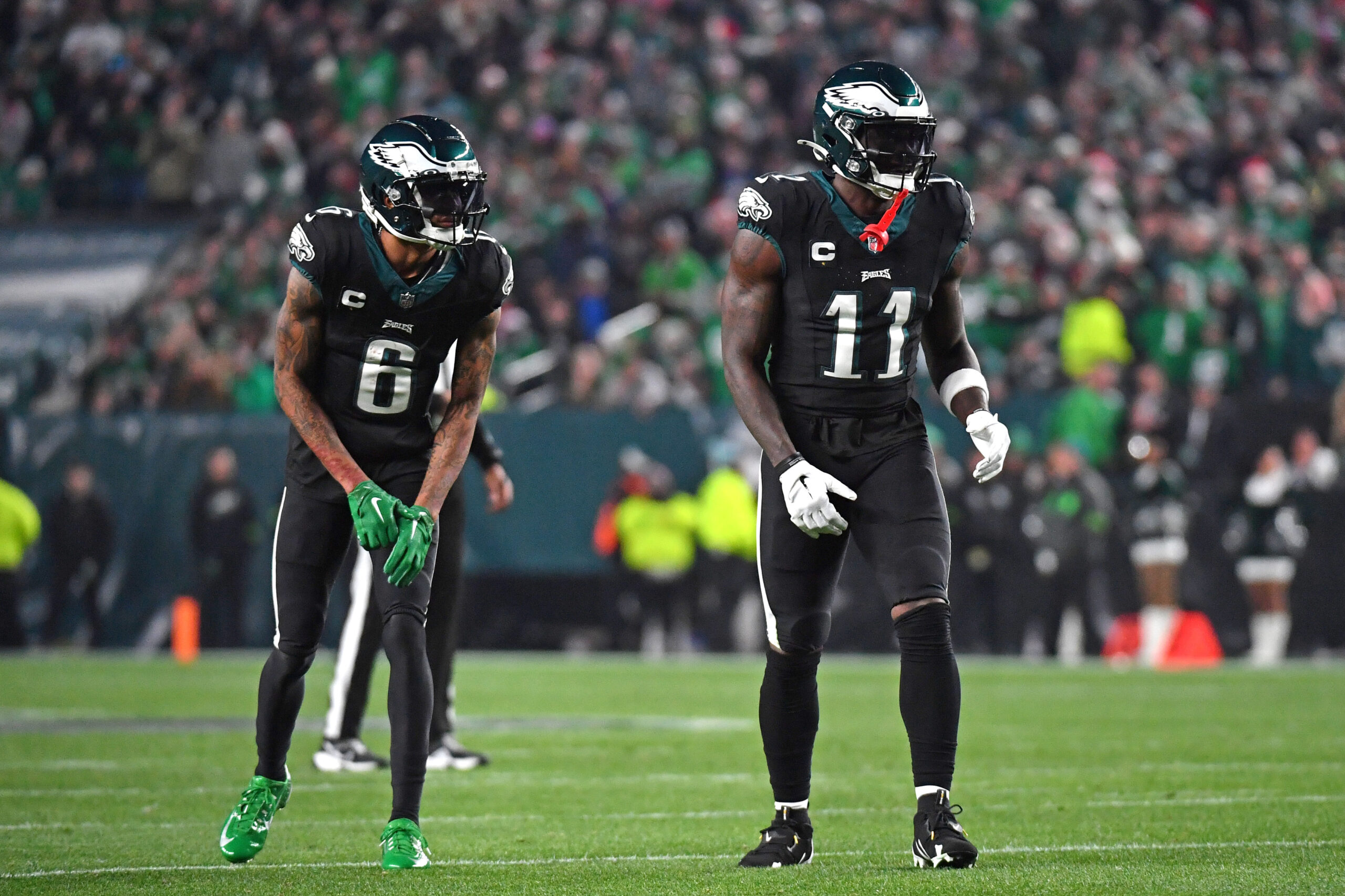 Dec 25, 2023; Philadelphia, Pennsylvania, USA; Philadelphia Eagles wide receiver DeVonta Smith (6) and wide receiver A.J. Brown (11) against the New York Giants at Lincoln Financial Field.