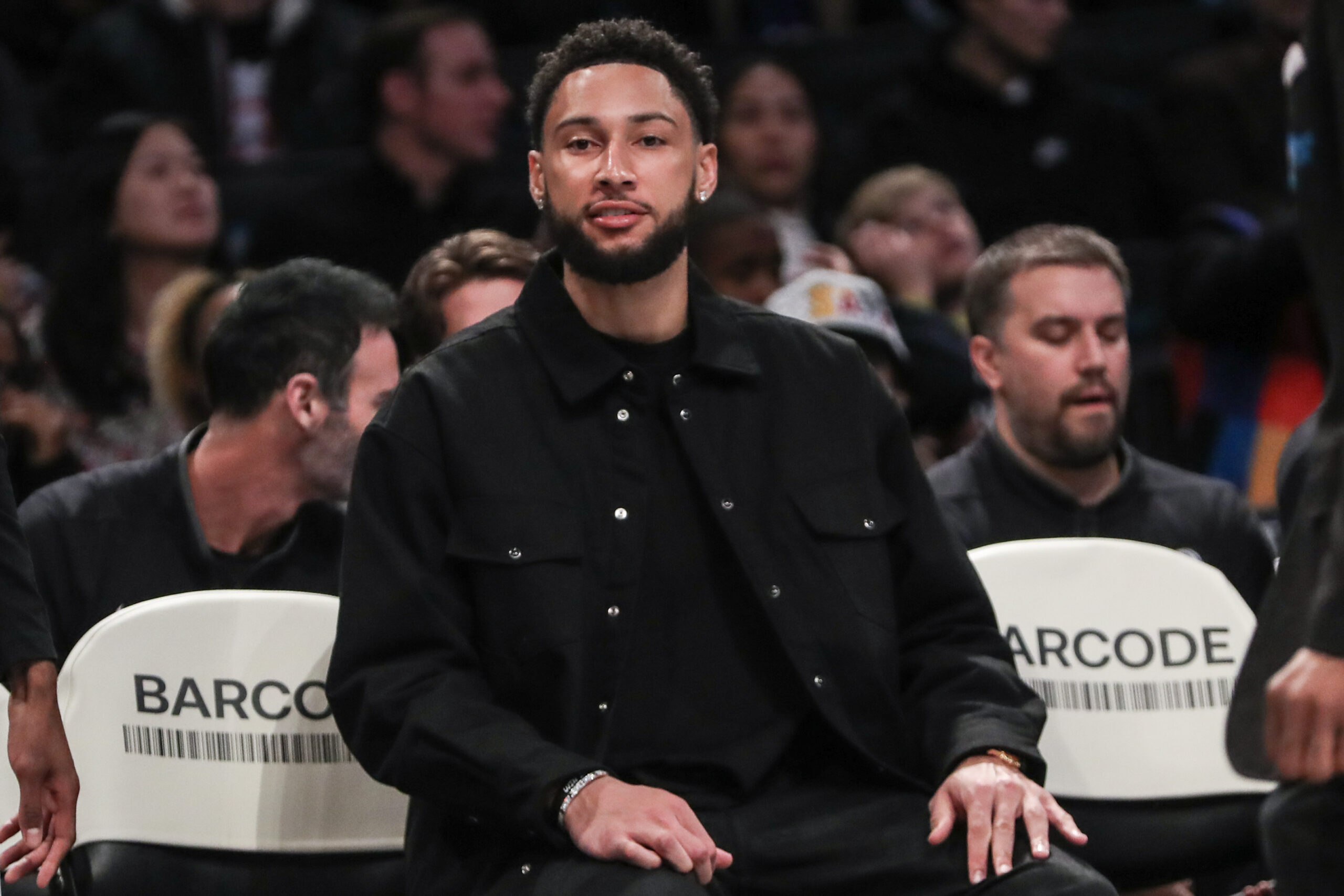 Feb 29, 2024; Brooklyn, New York, USA; Brooklyn Nets guard Ben Simmons (not in uniform) sits on the bench in the first quarter against the Atlanta Hawks at Barclays Center.