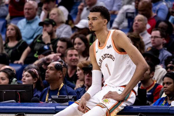 Apr 5, 2024; New Orleans, Louisiana, USA; San Antonio Spurs center Victor Wembanyama (1) looks on against the New Orleans Pelicans during the second half at Smoothie King Center.