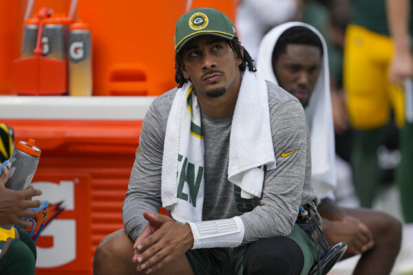 Sep 15, 2024; Green Bay, Wisconsin, USA; Green Bay Packers quarterback Jordan Love looks on from the sidelines during the fourth quarter against the Indianapolis Colts at Lambeau Field.