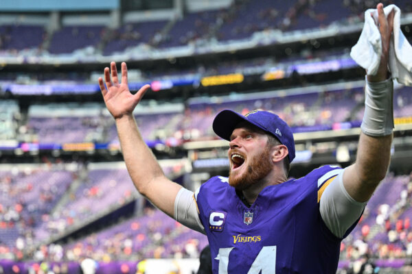 Sep 15, 2024; Minneapolis, Minnesota, USA; Minnesota Vikings quarterback Sam Darnold (14) reacts after the game against the San Francisco 49ers at U.S. Bank Stadium.