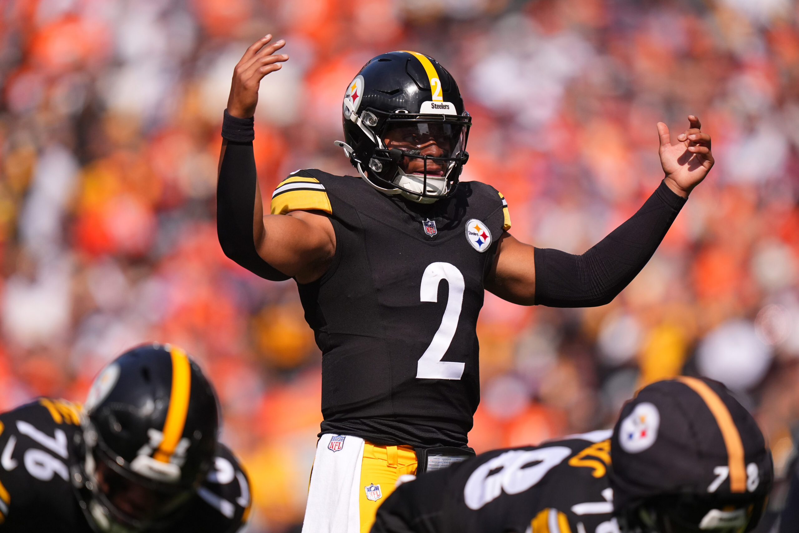 Sep 15, 2024; Denver, Colorado, USA; Pittsburgh Steelers quarterback Justin Fields (2) during the first quarter against the Denver Broncos at Empower Field at Mile High