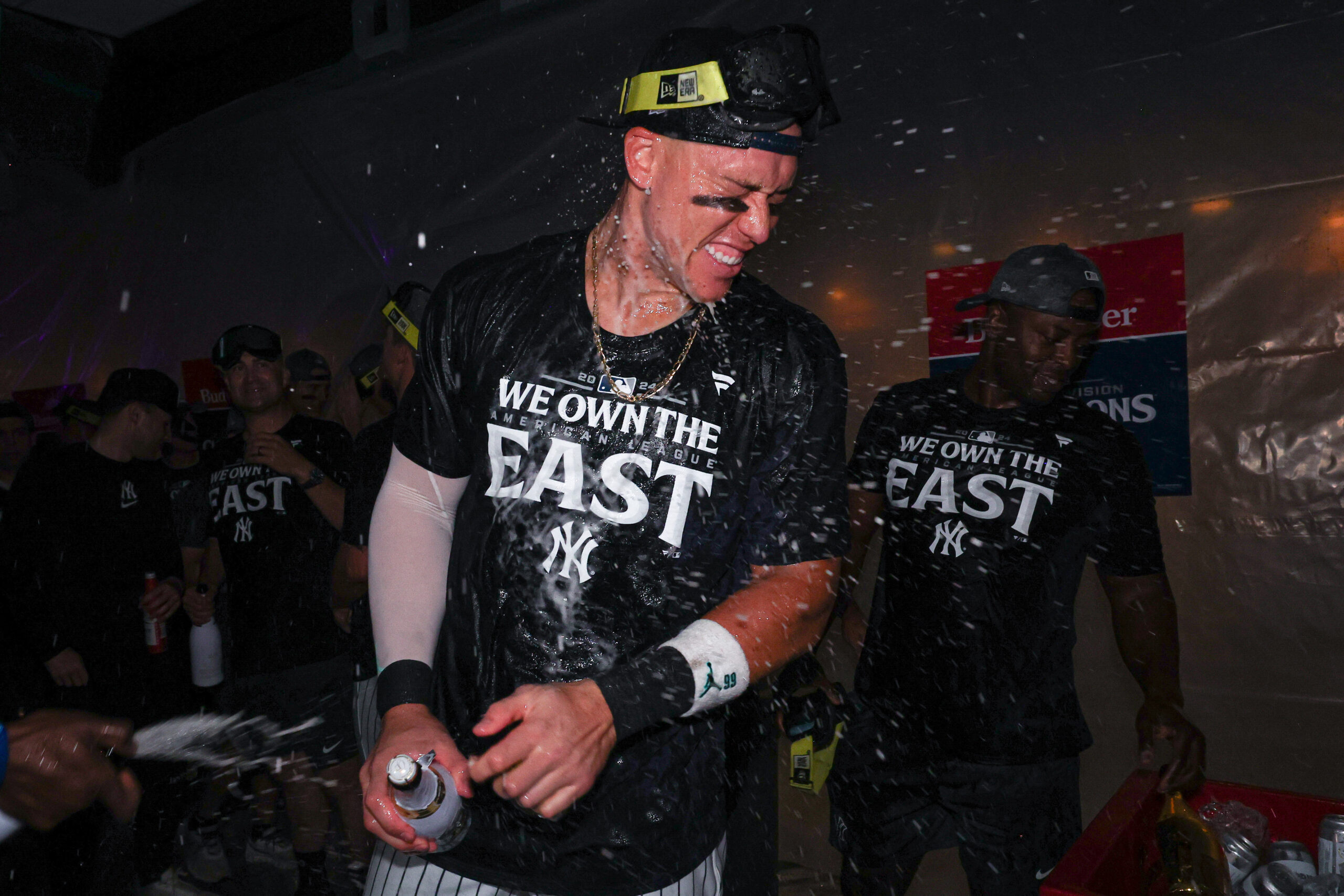 Sep 26, 2024; Bronx, New York, USA; New York Yankees center fielder Aaron Judge (99) celebrates after defeating the Baltimore Orioles to clinch the American League East title at Yankee Stadium, MLB.