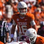 Texas Longhorns quarterback Arch Manning (16) lines up for a snap during the game against Mississippi State at Darrell K Royal-Texas Memorial Stadium in Austin Saturday, Sept. 28, 2024.