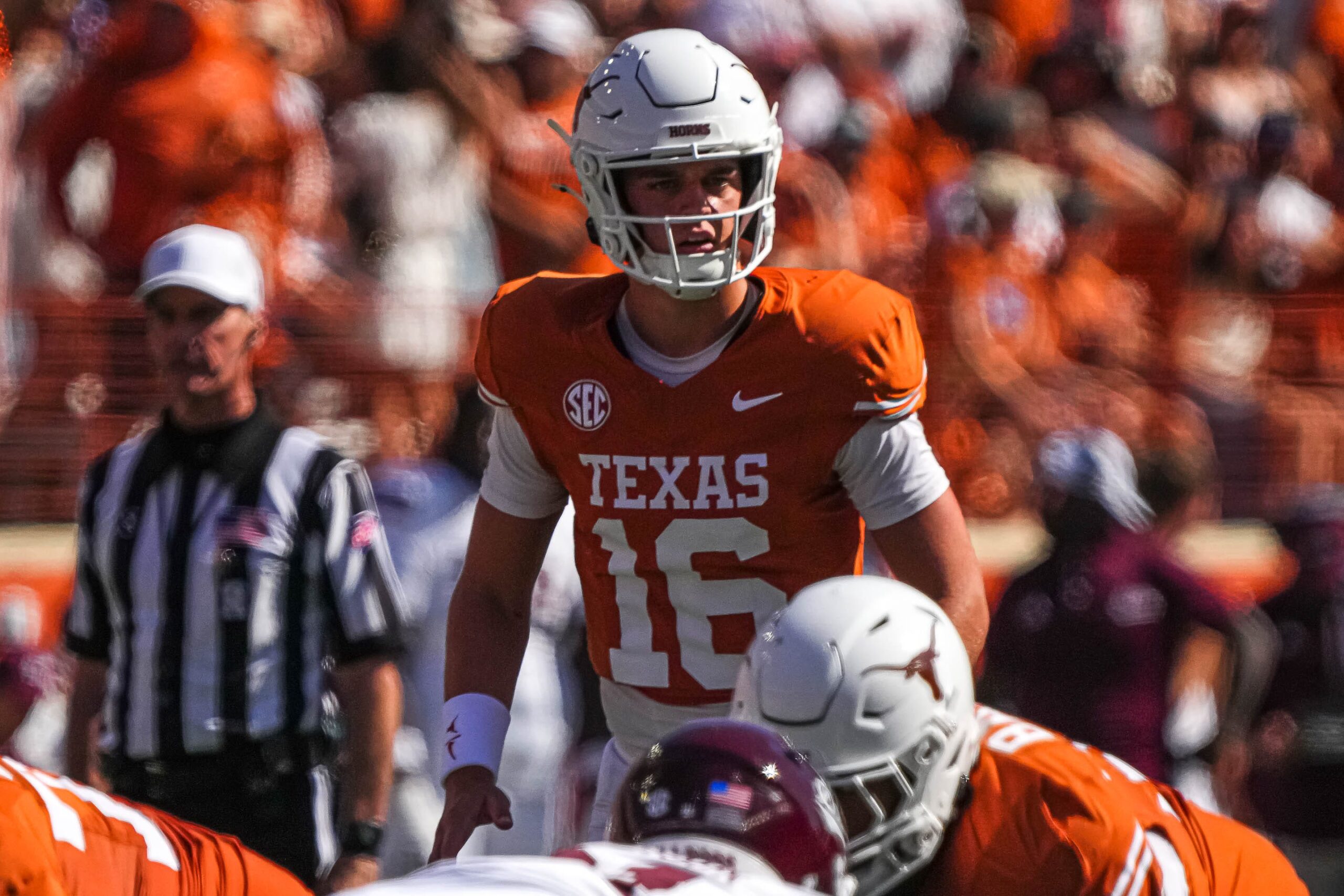 Texas Longhorns quarterback Arch Manning (16) lines up for a snap during the game against Mississippi State at Darrell K Royal-Texas Memorial Stadium in Austin Saturday, Sept. 28, 2024.