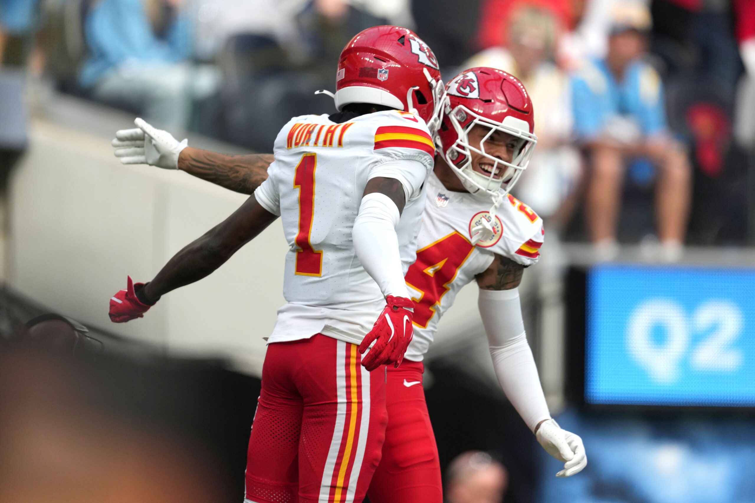 NFL: Kansas City Chiefs at Los Angeles Chargers - Sep 29, 2024; Inglewood, California, USA; Kansas City Chiefs wide receiver Xavier Worthy (1) celebrates with wide receiver Skyy Moore (24) after catching a 54-yard touchdown pass in the second quarter against the Los Angeles Chargers at SoFi Stadium. Mandatory Credit: Kirby Lee-Imagn Images