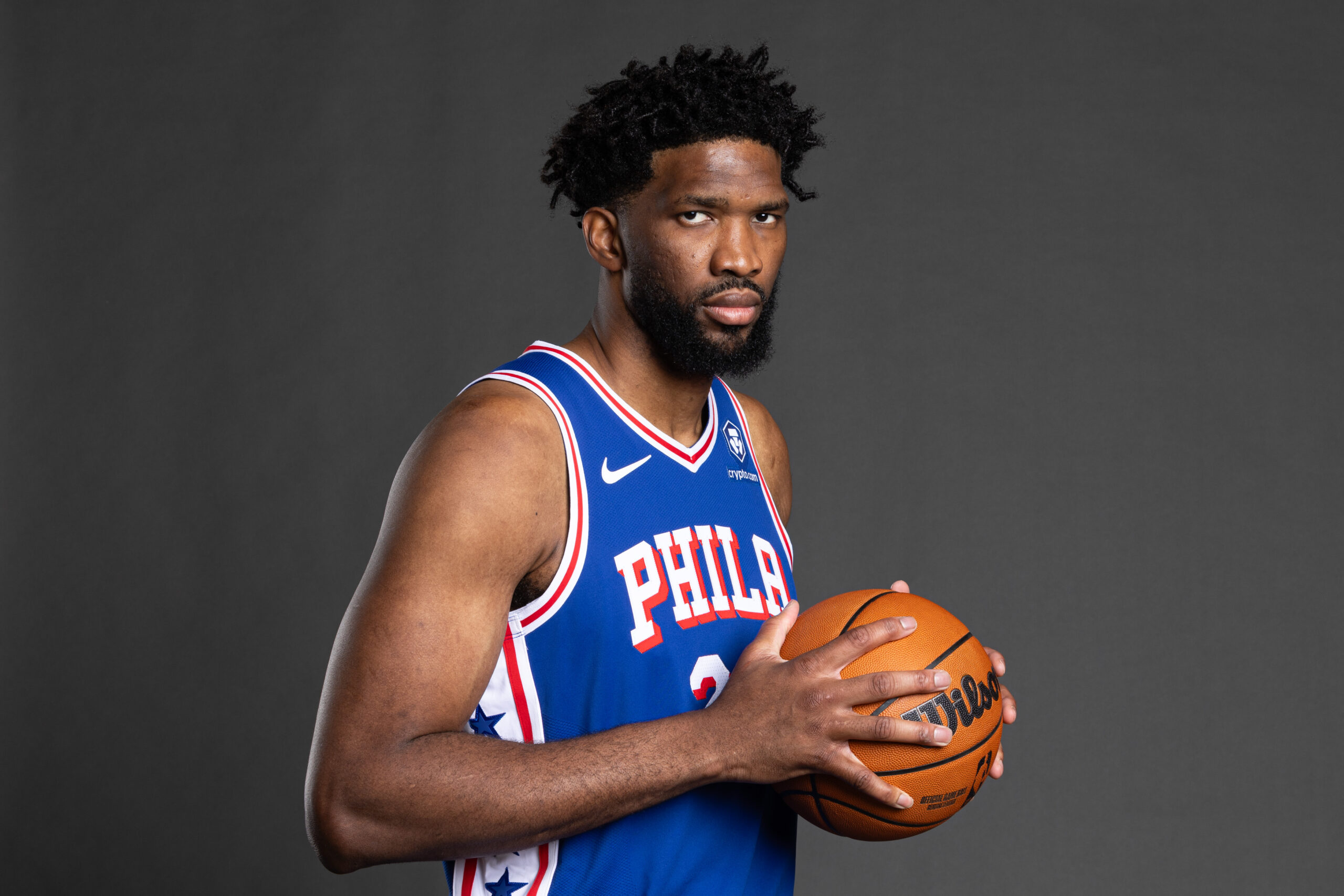 Sep 30, 2024; Camden, NJ, USA; Philadelphia 76ers center Joel Embiid (21) poses for a photo on media day at the Philadelphia 76ers Training Complex.