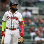 Sep 30, 2024; Atlanta, Georgia, USA; Atlanta Braves designated hitter Marcell Ozuna (20) reacts after a strikeout against the New York Mets in the third inning at Truist Park.