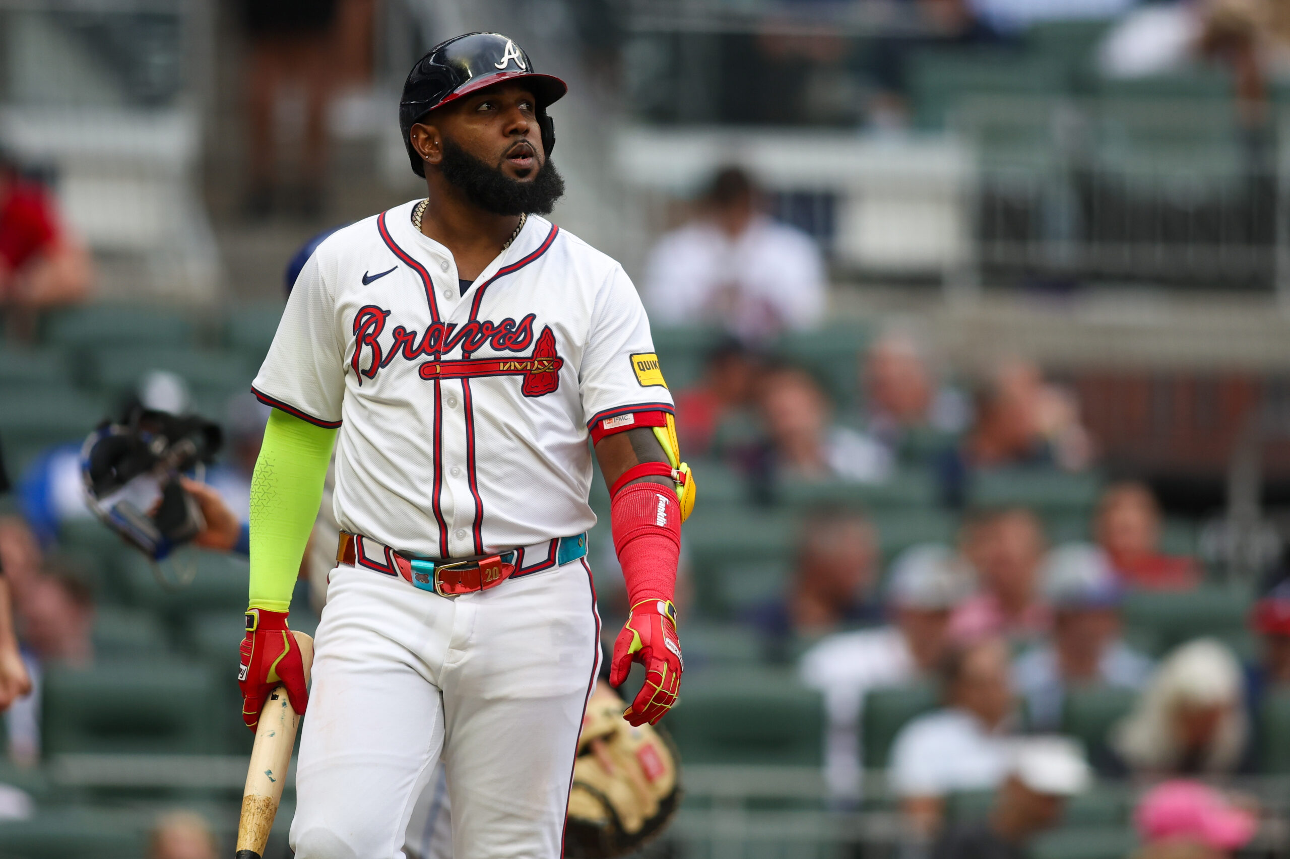 Sep 30, 2024; Atlanta, Georgia, USA; Atlanta Braves designated hitter Marcell Ozuna (20) reacts after a strikeout against the New York Mets in the third inning at Truist Park.