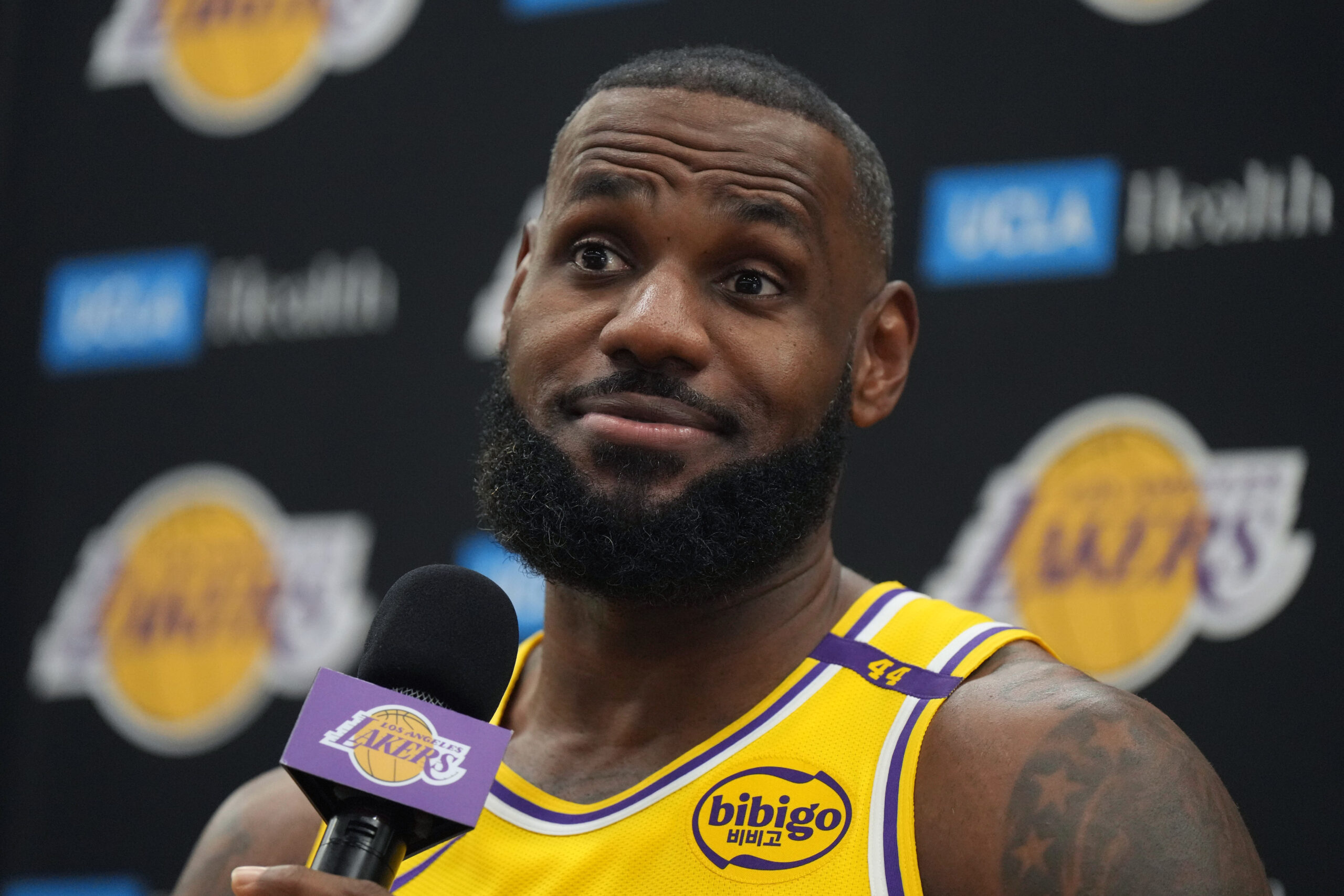 Sep 30, 2024; El Segundo, CA, USA; Los Angeles Lakers forward LeBron James (6) during media day at the UCLA Health Training Center.