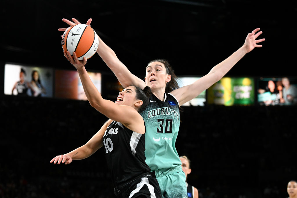 LAS VEGAS, NEVADA - AUGUST 17: Breanna Stewart #30 of the New York Liberty blocks a shot by Kelsey Plum #10 of the Las Vegas Aces in the second half of their game at Michelob ULTRA Arena on August 17, 2024 in Las Vegas, Nevada. The Liberty defeated the Aces 79-67. NOTE TO USER: User expressly acknowledges and agrees that, by downloading and or using this photograph, User is consenting to the terms and conditions of the Getty Images License Agreement.