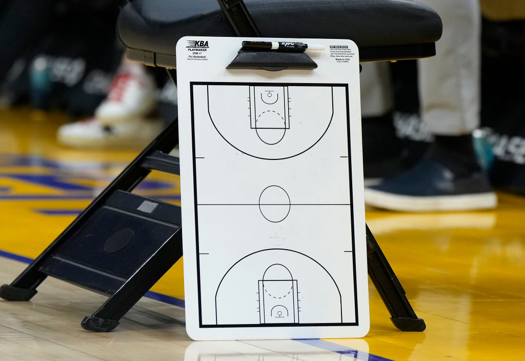 SAN FRANCISCO, CALIFORNIA - MARCH 31: A detailed view of the basketball clipboard used by the San Antonio Spurs against the Golden State Warriors during an NBA basketball game at Chase Center on March 31, 2023 in San Francisco, California.