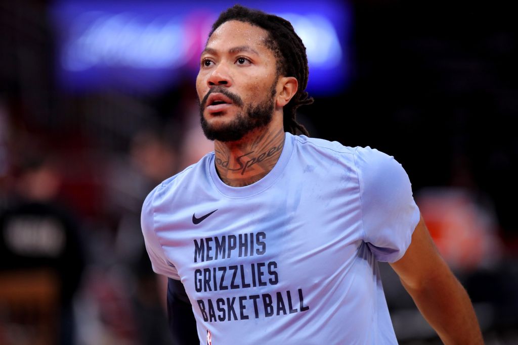 Nov 22, 2023; Houston, Texas, USA; Memphis Grizzlies guard Derrick Rose (23) prior to the game against the Houston Rockets at Toyota Center. Mandatory Credit: Erik Williams-Imagn Images