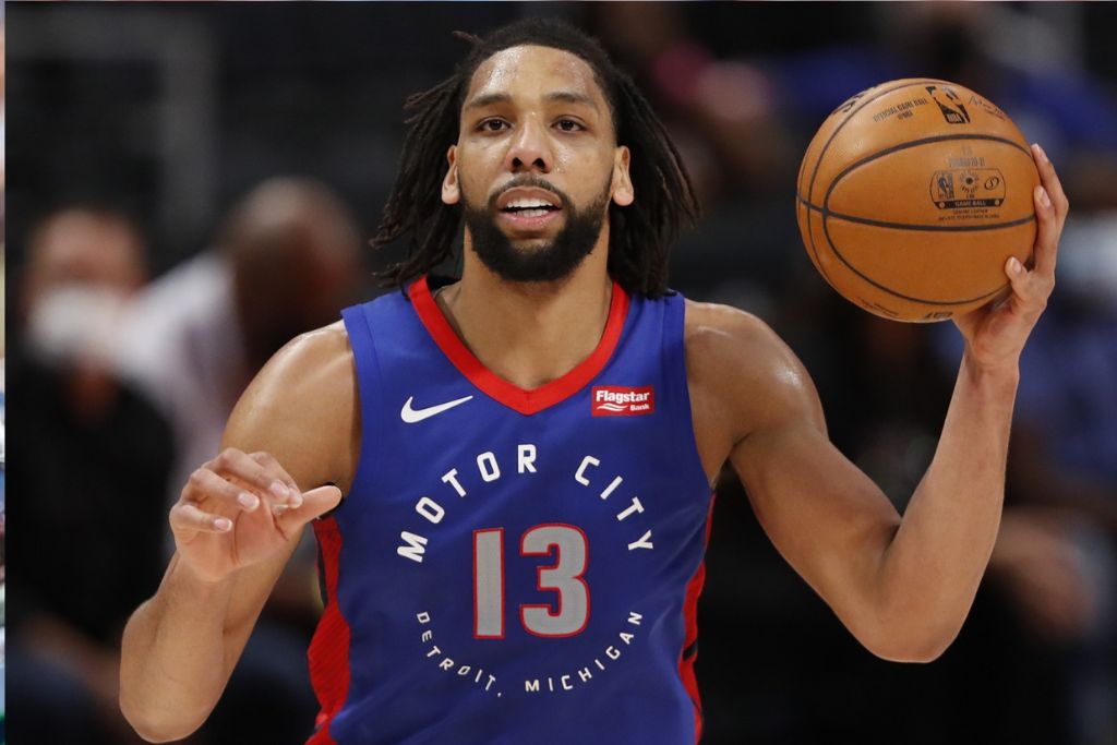 Apr 29, 2021; Detroit, Michigan, USA; Detroit Pistons center Jahlil Okafor (13) holds the ball during the fourth quarter against the Dallas Mavericks at Little Caesars Arena. Mandatory Credit: Raj Mehta-Imagn Images