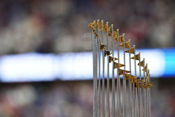 ARLINGTON, TX - MARCH 28: A detail photo of the Commissioner's trophy prior (World Series) to the game between the Chicago Cubs and the Texas Rangers at Globe Life Field on Thursday, March 28, 2024 in Arlington, Texas.