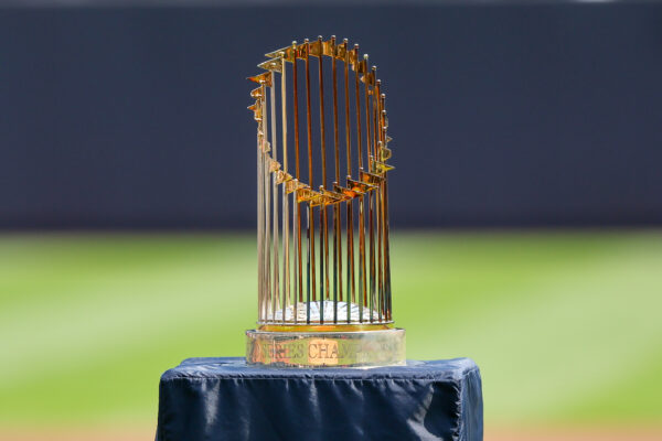 BRONX, NY - AUGUST 24: A general view of the 2009 World Series trophy during the New York Yankees Old Timers Day on August 24, 2024 at Yankee Stadium in the Bronx, New York.