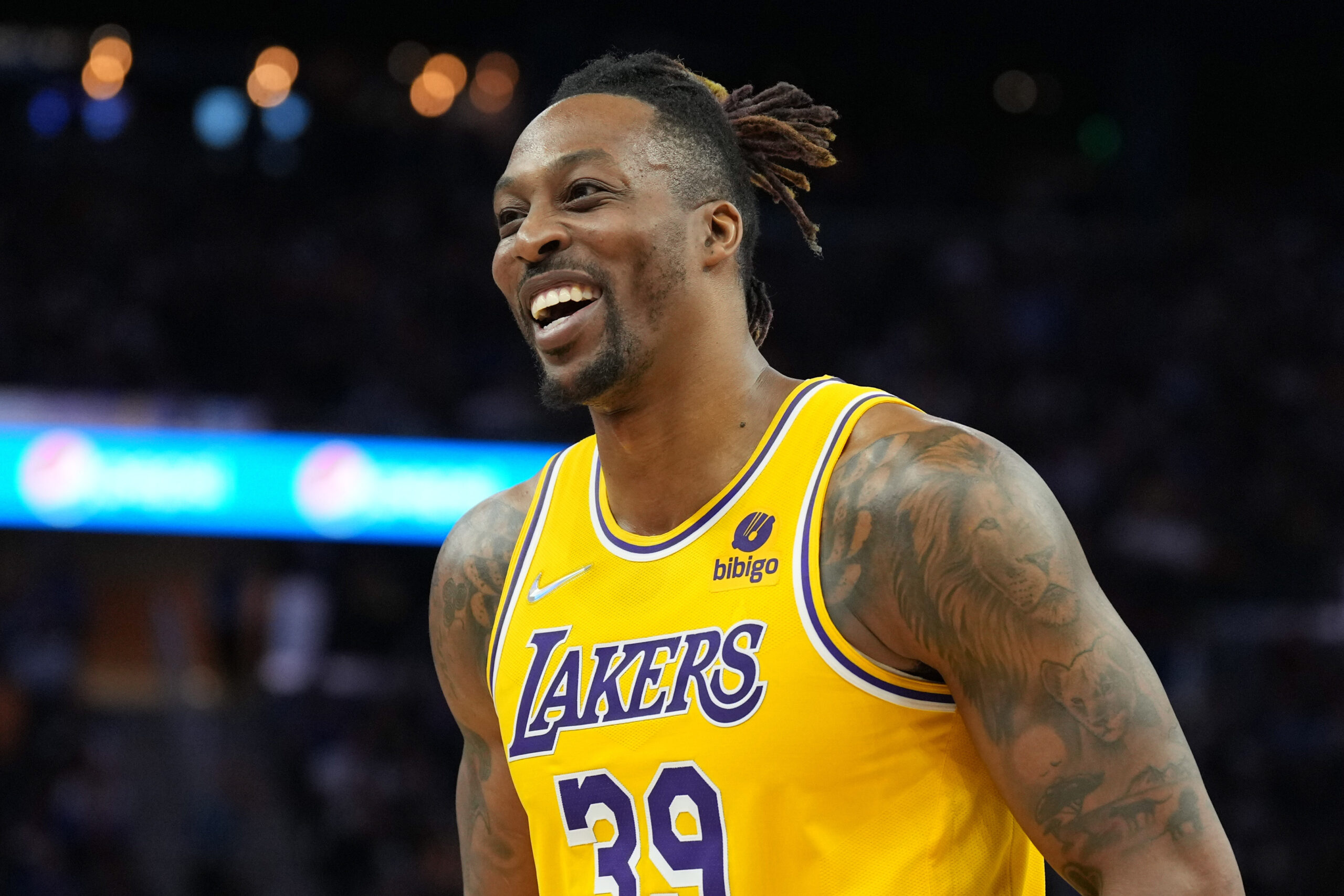 Apr 7, 2022; San Francisco, California, USA; Los Angeles Lakers center Dwight Howard (39) during the fourth quarter against the Golden State Warriors at Chase Center.