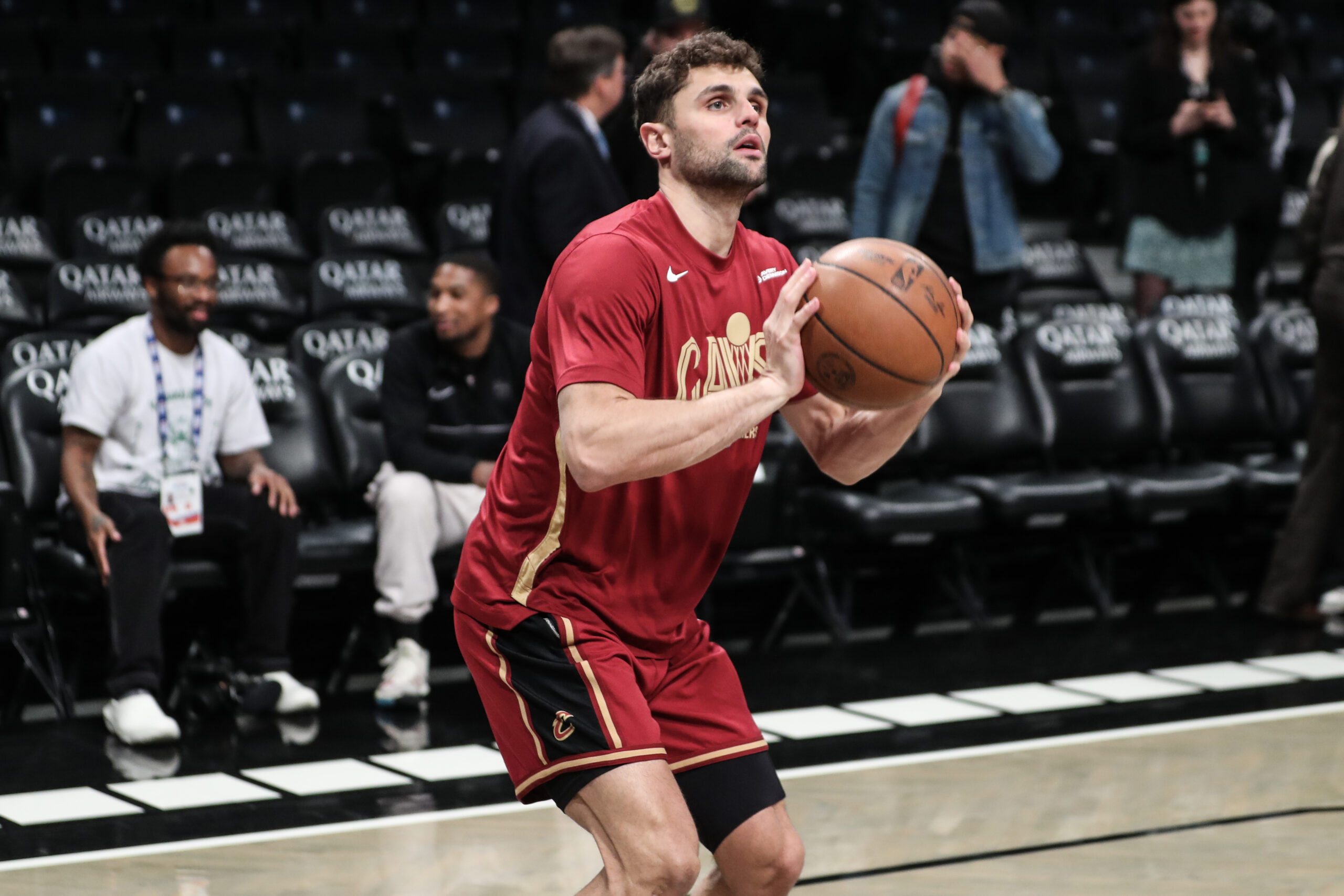 Mar 23, 2023; Brooklyn, New York, USA; Cleveland Cavaliers guard Raulzinho (19) warms up prior to the game against Brooklyn Nets at Barclays Center.