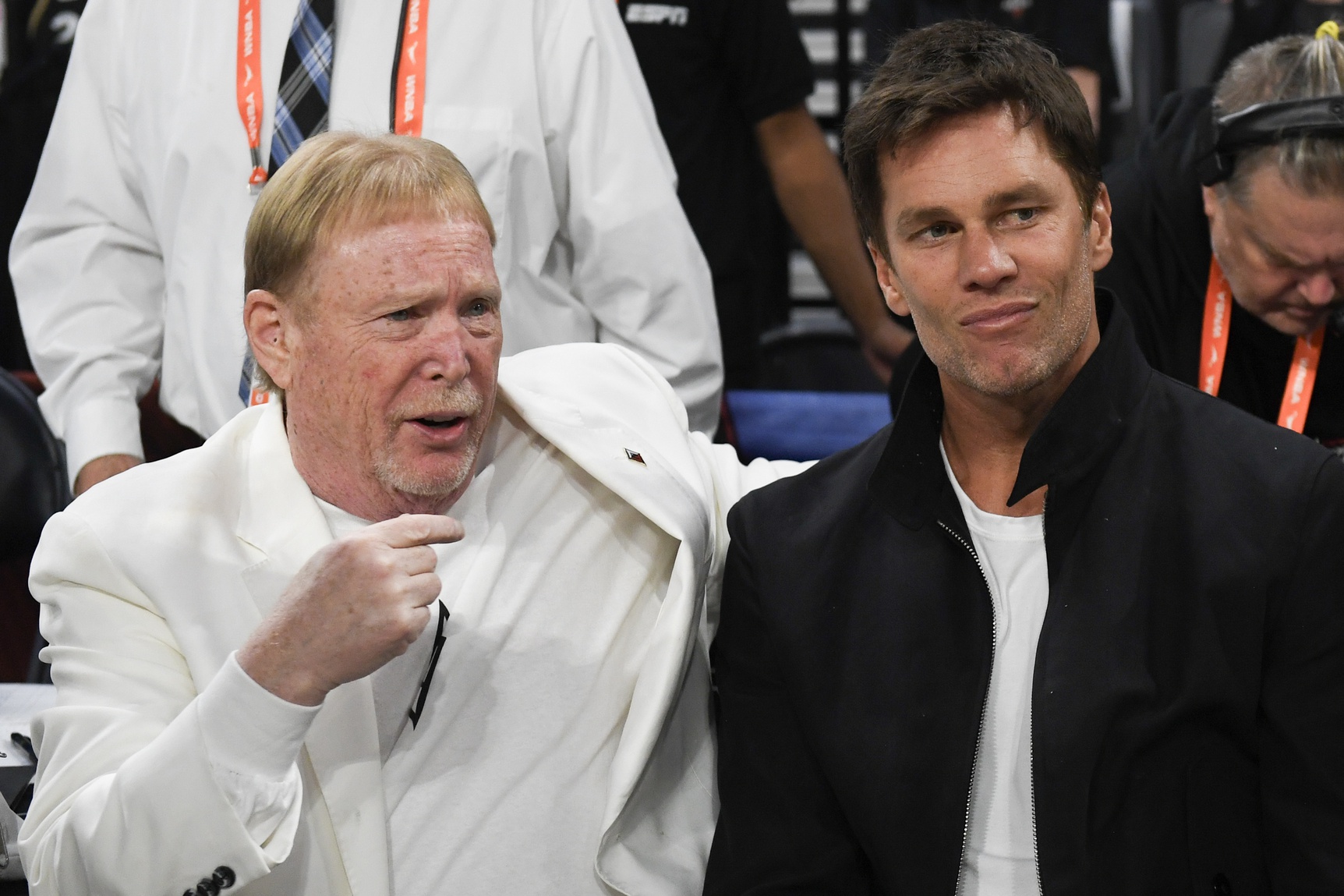 Oct 8, 2023; Las Vegas, Nevada, USA; Las Vegas Aces owner Mark Davis and part-owner Tom Brady talk before the game between the Las Vegas Aces and the New York Liberty during game one of the 2023 WNBA Finals at Michelob Ultra Arena. Mandatory Credit: Candice Ward-USA TODAY Sports