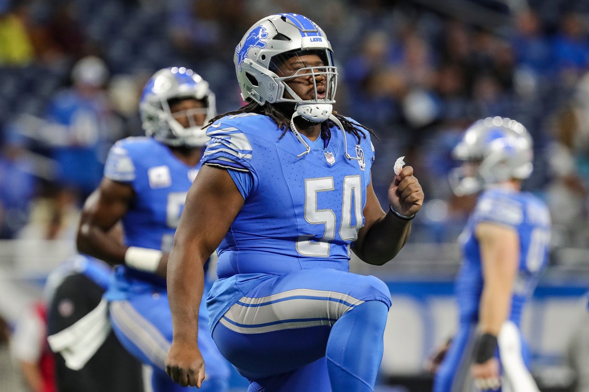 Detroit Lions defensive tackle Alim McNeill warms up before the game vs. the Carolina Panthers at Ford Field in Detroit on Sunday, Oct. 8, 2023.