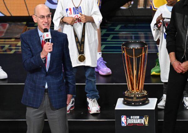 Dec 9, 2023; Las Vegas, Nevada, USA; NBA commissioner Adam Silver presents the NBA Cup to the Los Angeles Lakers after winning the NBA In-Season Tournament Championship game against the Indiana Pacers at T-Mobile Arena. Mandatory Credit: Candice Ward-USA TODAY Sports