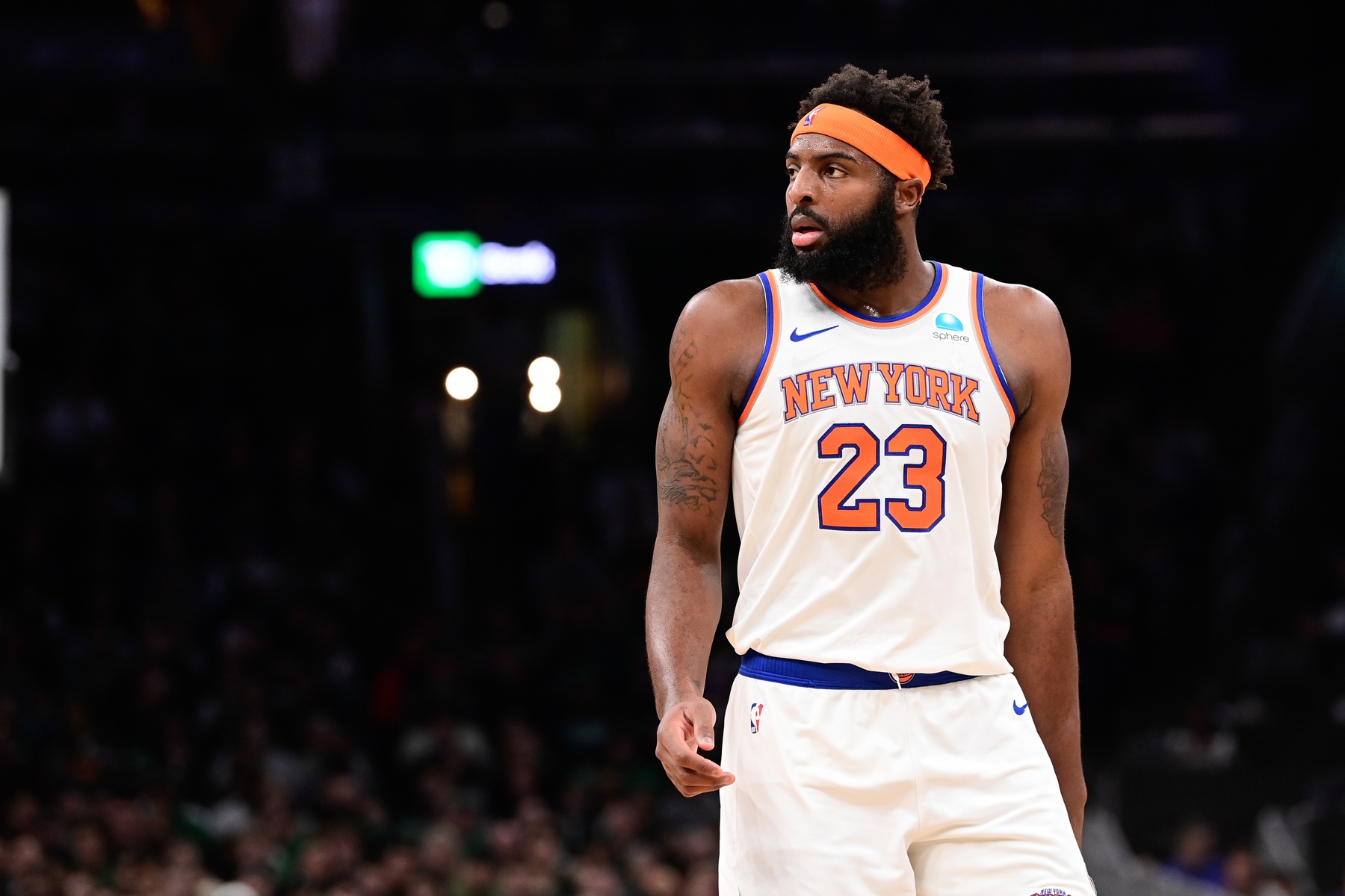 Dec 8, 2023; Boston, Massachusetts, USA; New York Knicks center Mitchell Robinson (23) looks on during the first half against the Boston Celtics at TD Garden. Mandatory Credit: Eric Canha-USA TODAY Sports