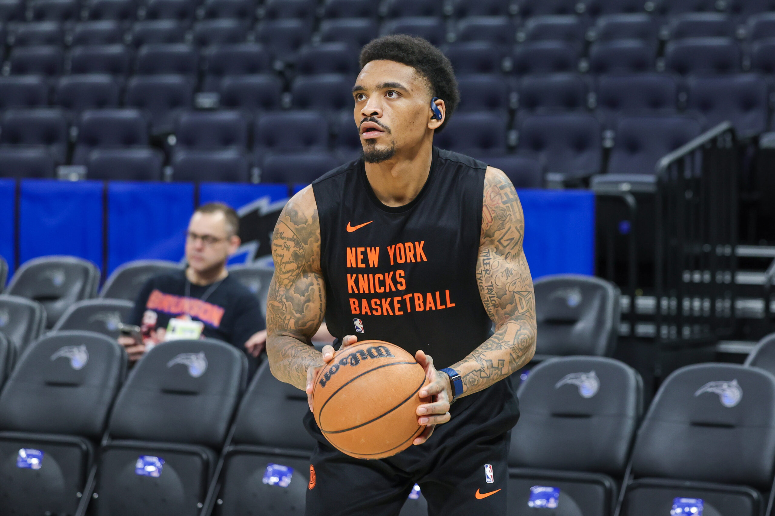 Dec 29, 2023; Orlando, Florida, USA; New York Knicks guard DaQuan Jeffries (8) warms up before the game against the Orlando Magic at KIA Center.