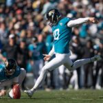 Dec 31, 2023; Jacksonville, Florida, USA; Jacksonville Jaguars punter Logan Cooke (9) holds the ball andnkicker Brandon McManus (10) make the field goal against the Carolina Panthers in the second quarter at EverBank Stadium. Mandatory Credit: Jeremy Reper-USA TODAY Sports